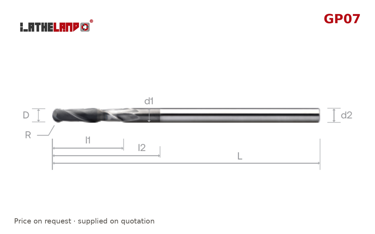 LATHELAND® Diamond-Coated Graphite Ball Nose Cutter with Long Neck, with neck recess, 2 Flutes – GP07 – dimension drawing