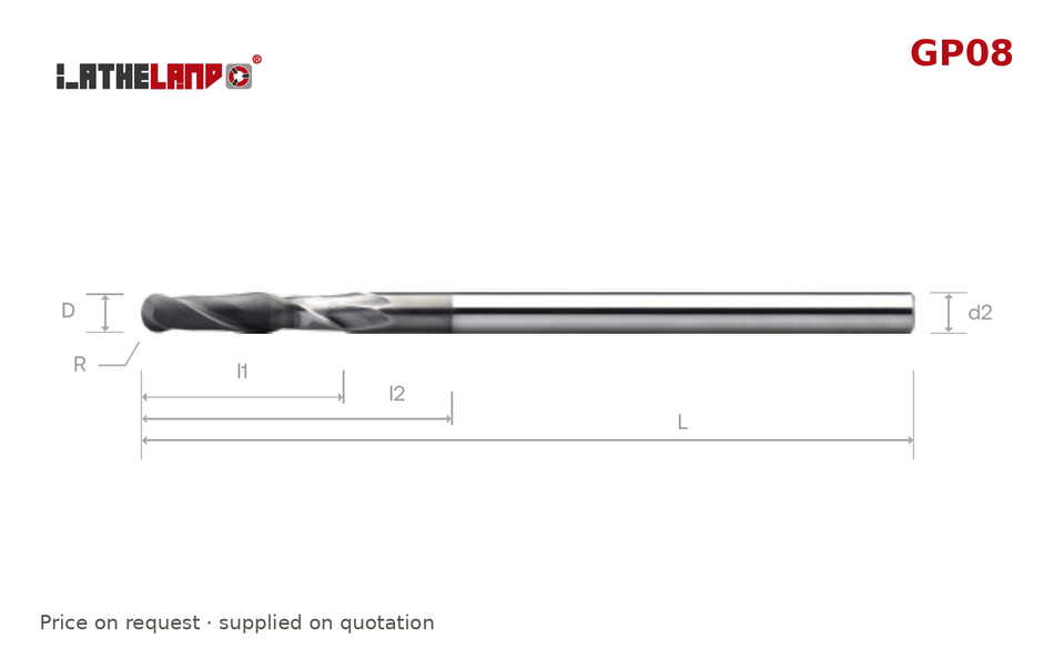LATHELAND® Diamond-Coated Graphite Extra-Long Ball Nose Cutter, 2 Flutes – GP08 – dimension drawing