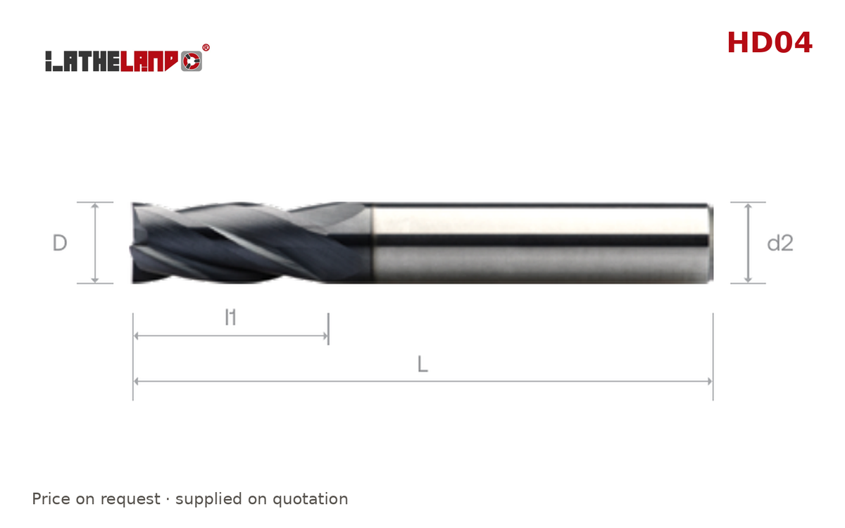 LATHELAND® End Mill for Hardened Steel, 4 Flutes, 40° helix, AlCrN / AlTiN – HD04 – dimension drawing
