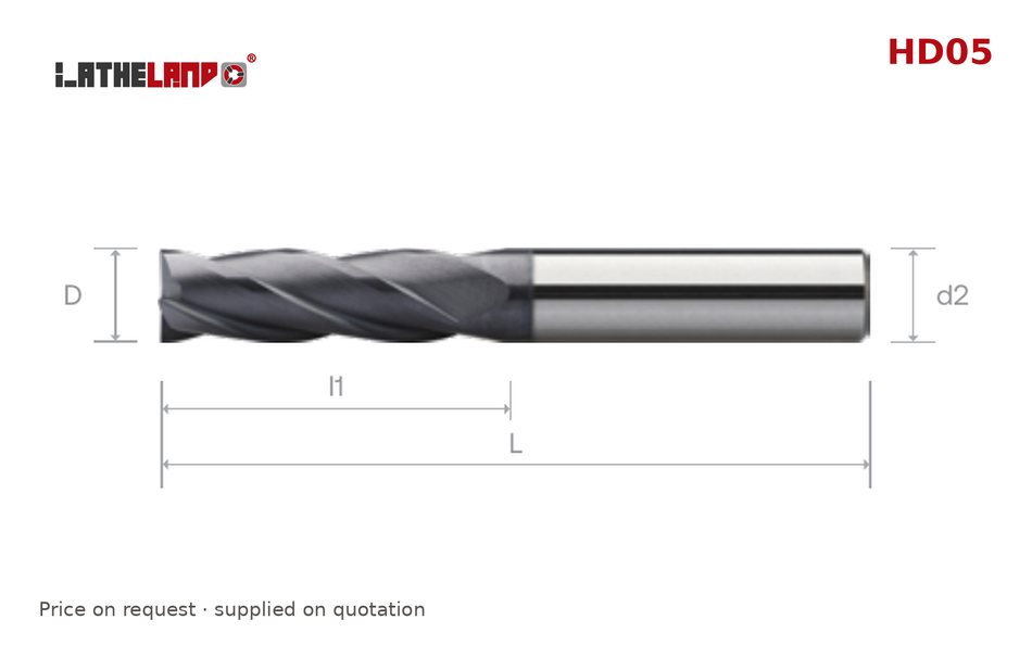 LATHELAND® Long End Mill for Hardened Steel, 4 Flutes, 40° helix, AlCrN / AlTiN – HD05 – dimension drawing