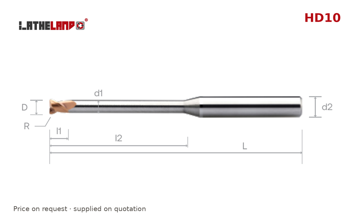 LATHELAND® Miniature Torus End Mill with Long Neck for Hardened Steel, 2 Flutes – HD10 – dimension drawing