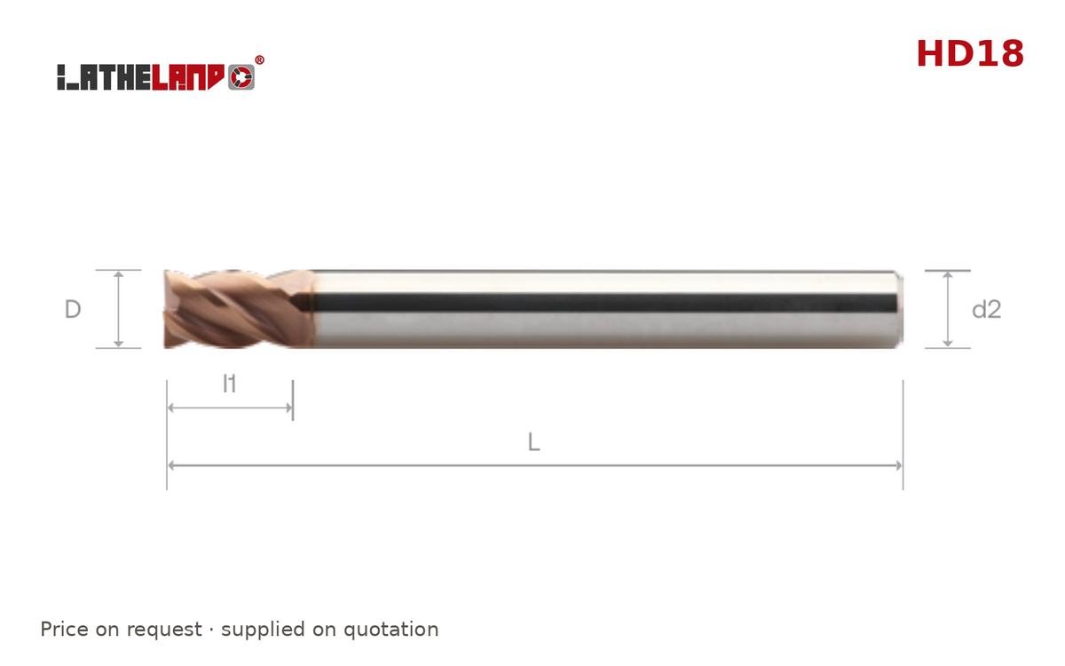 LATHELAND® Extra-Long Long-Reach End Mill for Hardened Steel, 4 Flutes – HD18 – dimension drawing