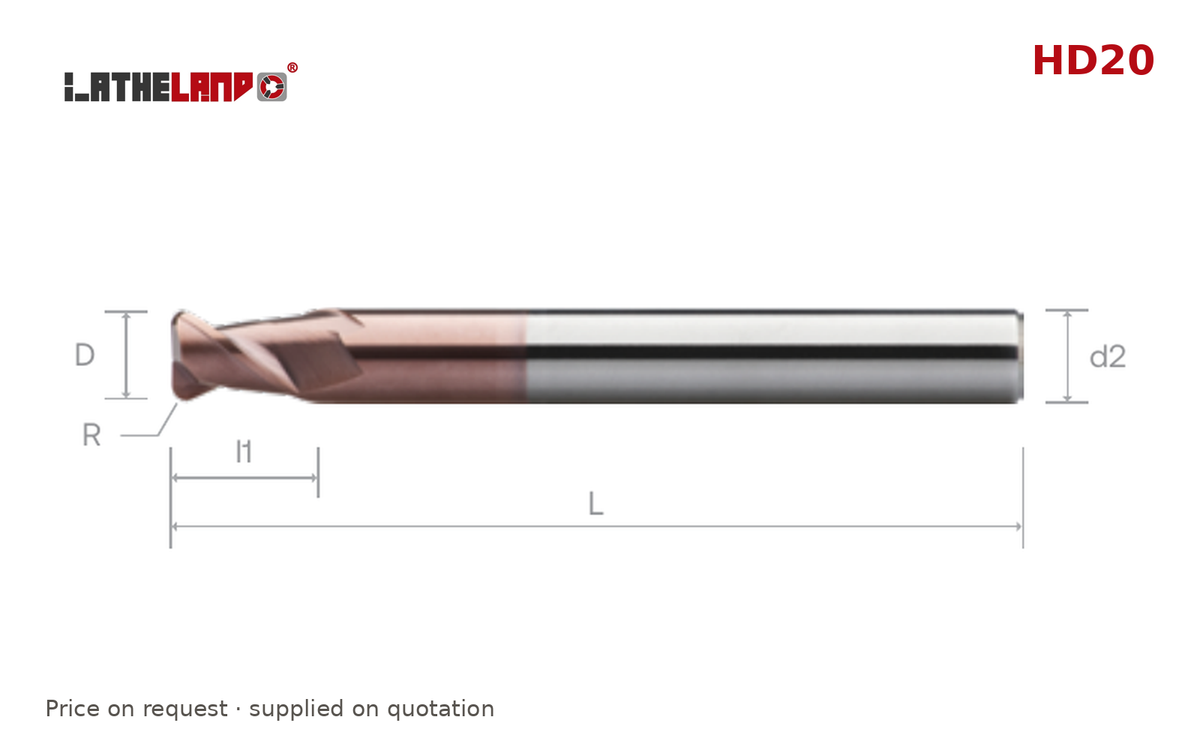 LATHELAND® Long-Reach Torus End Mill for Hardened Steel, 2 Flutes – HD20 – dimension drawing