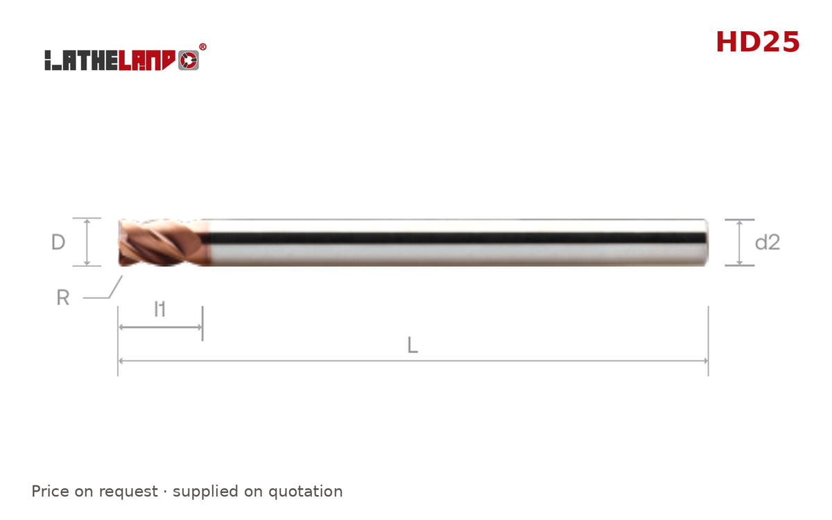 LATHELAND® Extra-Long Long-Reach Torus End Mill for Hardened Steel, 4 Flutes, TiSiN multilayer – HD25 – dimension drawing