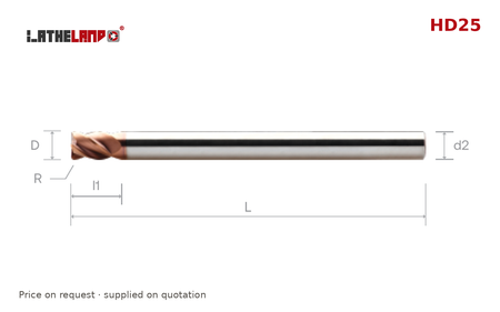 LATHELAND® Extra-Long Long-Reach Torus End Mill for Hardened Steel, 4 Flutes, TiSiN multilayer – HD25 – dimension drawing