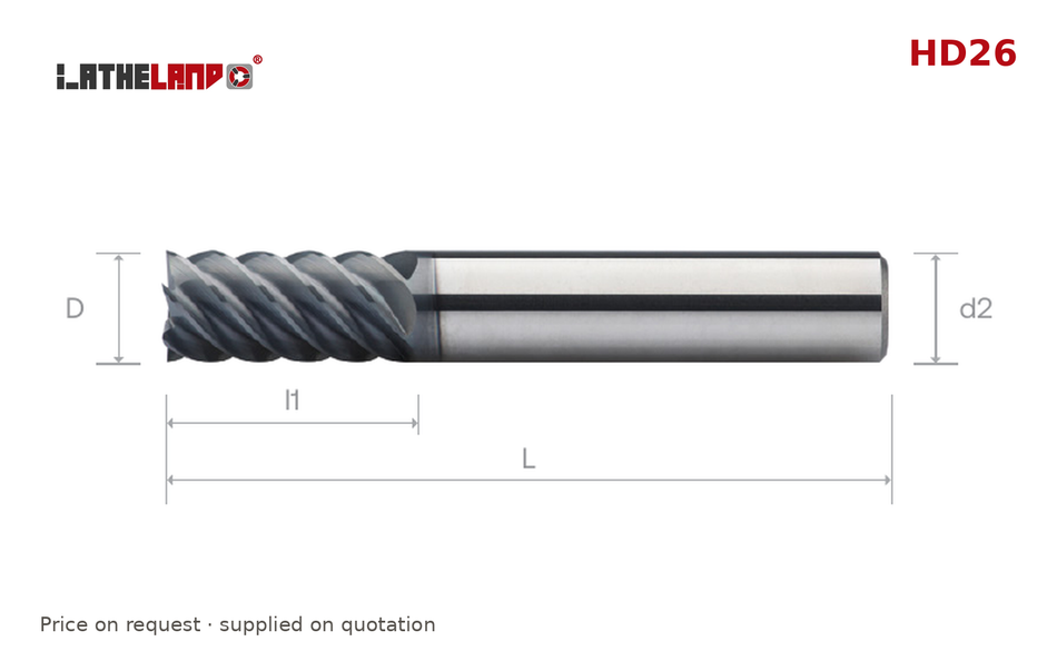 LATHELAND® Multi-Flute End Mill for Hardened Steel, 6/8 Flutes – HD26 – dimension drawing