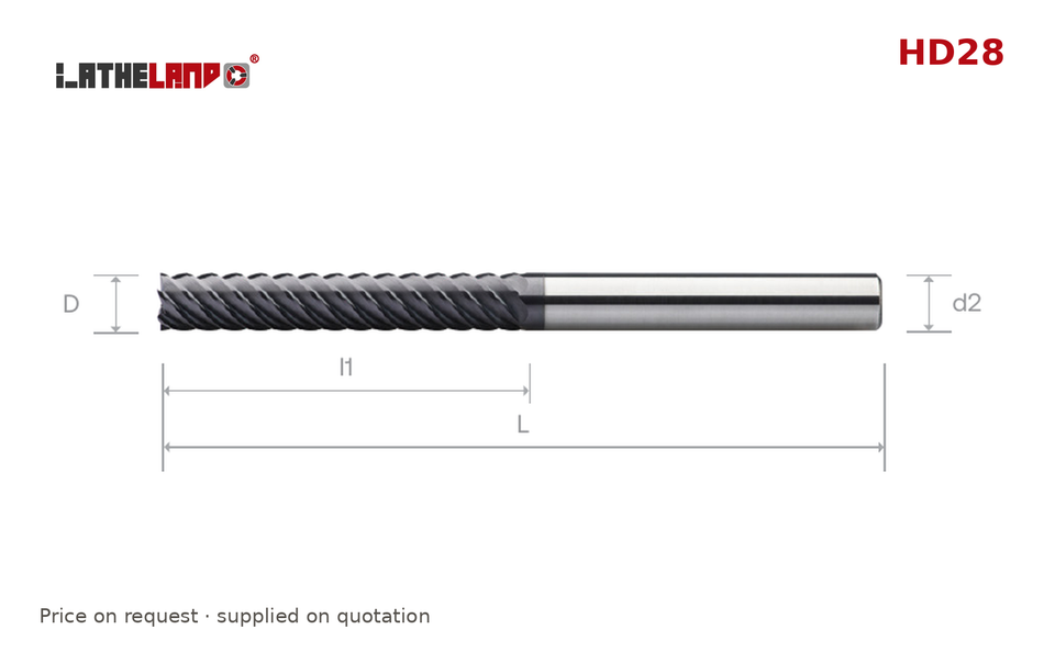 LATHELAND® Multi-Flute Extra-Long End Mill for Hardened Steel, 6/8 Flutes – HD28 – dimension drawing