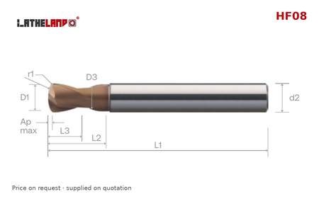 LATHELAND® Double-Radius Finishing End Mill, 4 Flutes – HF08 – dimension drawing
