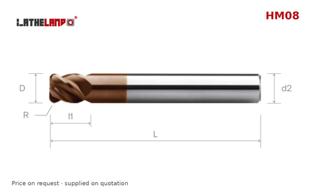 LATHELAND® Torus End Mill for Hard Milling, short flutes, 4 Flutes – HM08 – dimension drawing