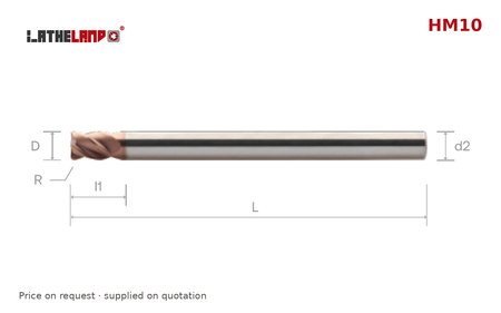 LATHELAND® Extra-Long Long-Reach Torus End Mill for Hard Milling, 4 Flutes – HM10 – dimension drawing