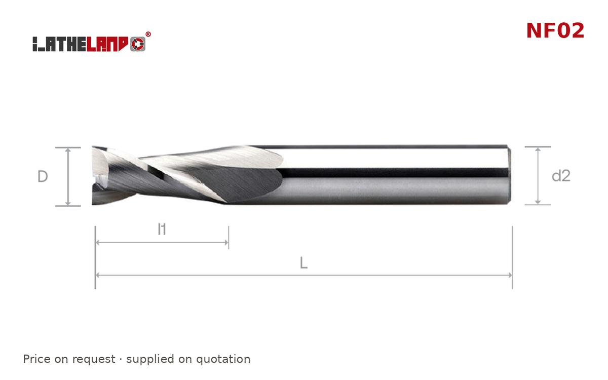 LATHELAND® Aluminium End Mill, 2 Flutes, 40° helix – NF02 – dimension drawing