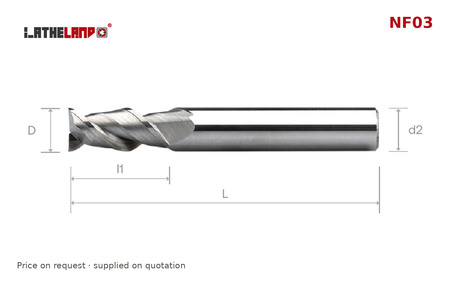 LATHELAND® Aluminium End Mill, 2 Flutes, 50° helix – NF03 – dimension drawing