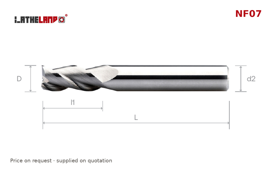 LATHELAND® Aluminium End Mill, 3 Flutes, 40° helix – NF07 – dimension drawing