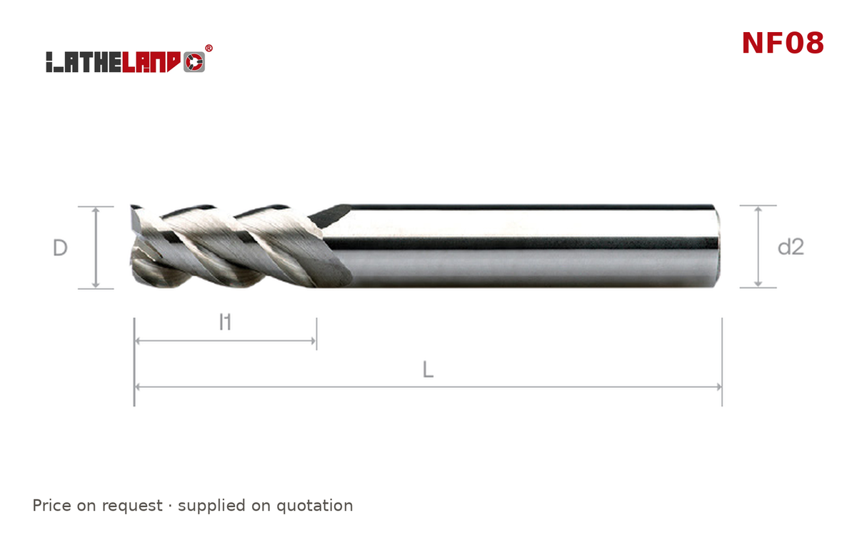LATHELAND® Aluminium End Mill, 3 Flutes – NF08 – dimension drawing