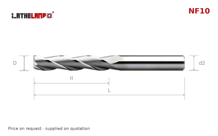 LATHELAND® Long Aluminium End Mill, 3 Flutes – NF10 – dimension drawing