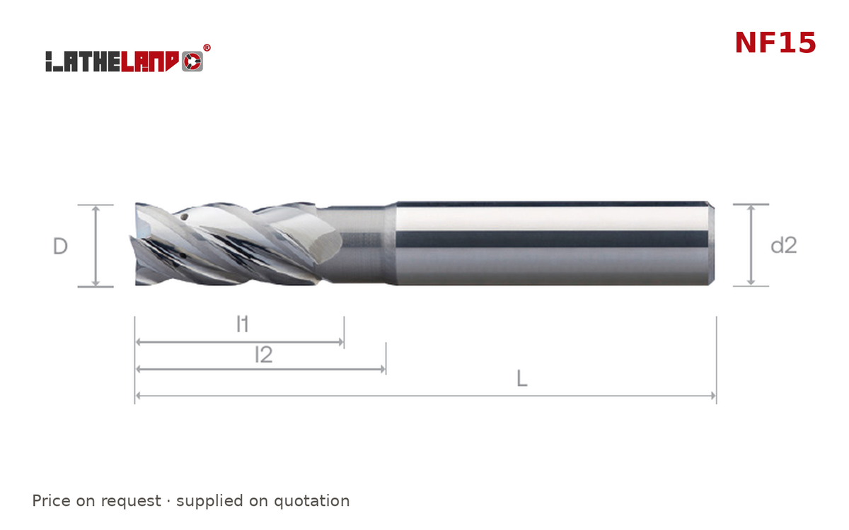 LATHELAND® High-Performance Aluminium End Mill, coolant-through, 4 Flutes – NF15 – dimension drawing