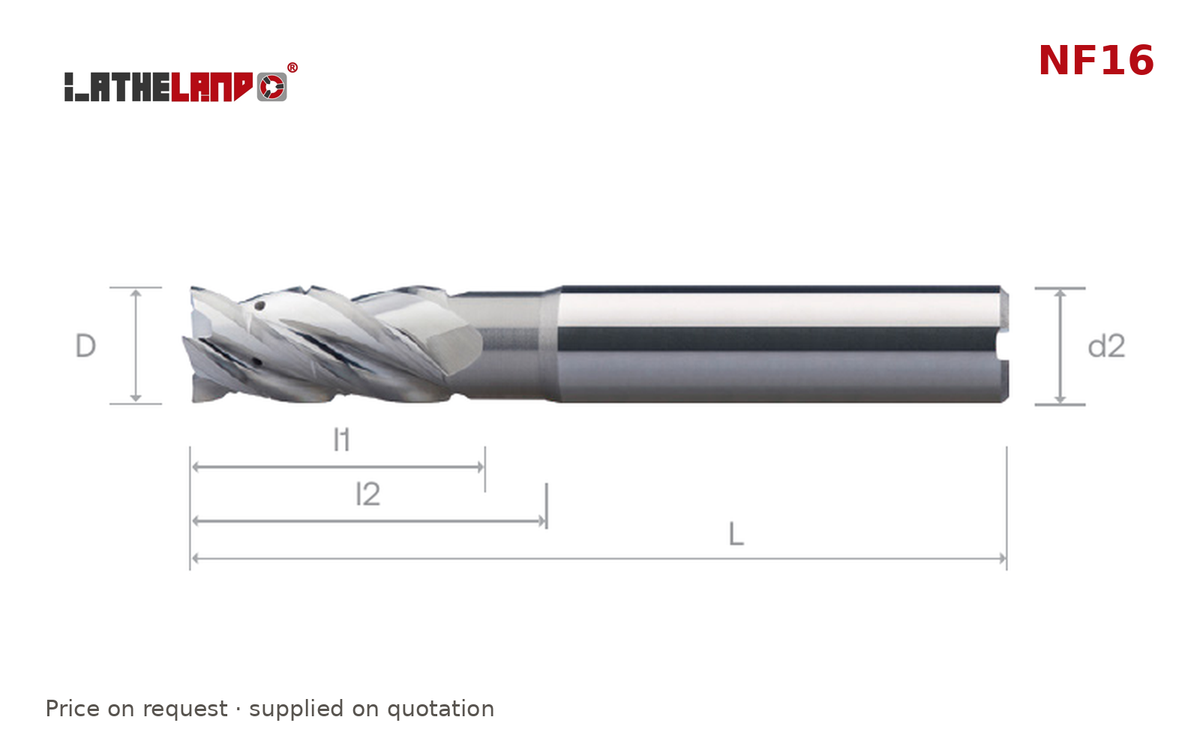 LATHELAND® High-Performance Aluminium End Mill, chip breaker, coolant-through, 4 Flutes – NF16 – dimension drawing
