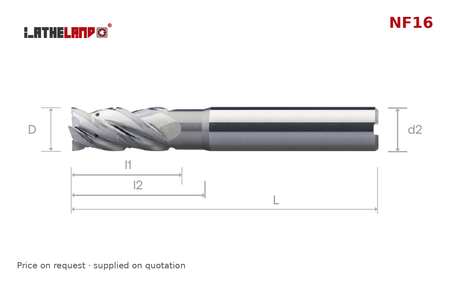 LATHELAND® High-Performance Aluminium End Mill, chip breaker, coolant-through, 4 Flutes – NF16 – dimension drawing