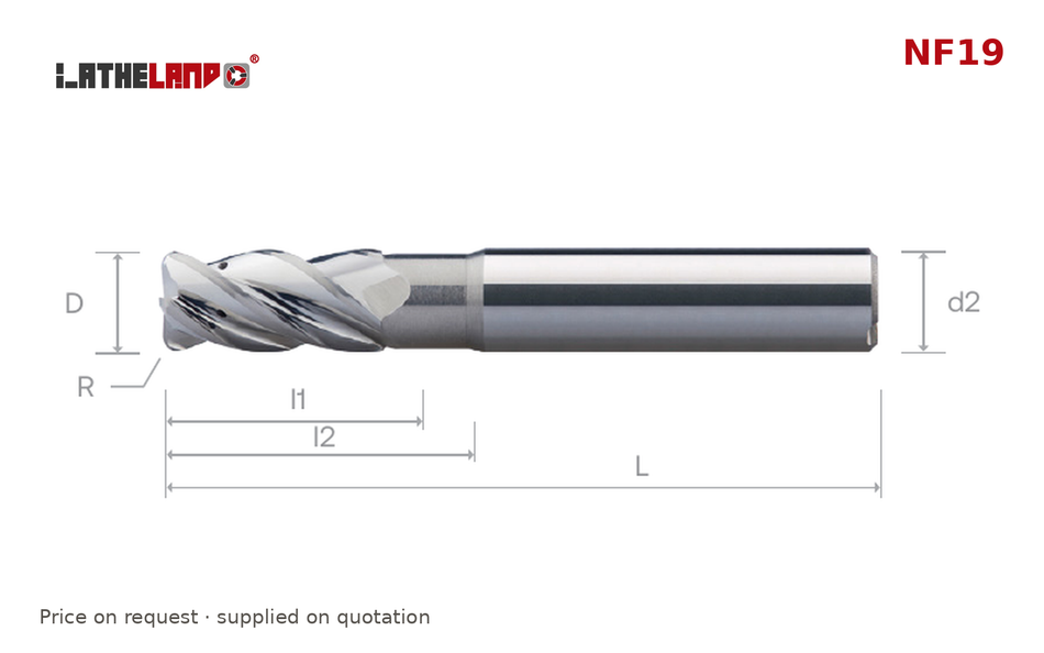 LATHELAND® High-Performance Aluminium Torus End Mill, coolant-through, 4 Flutes – NF19 – dimension drawing