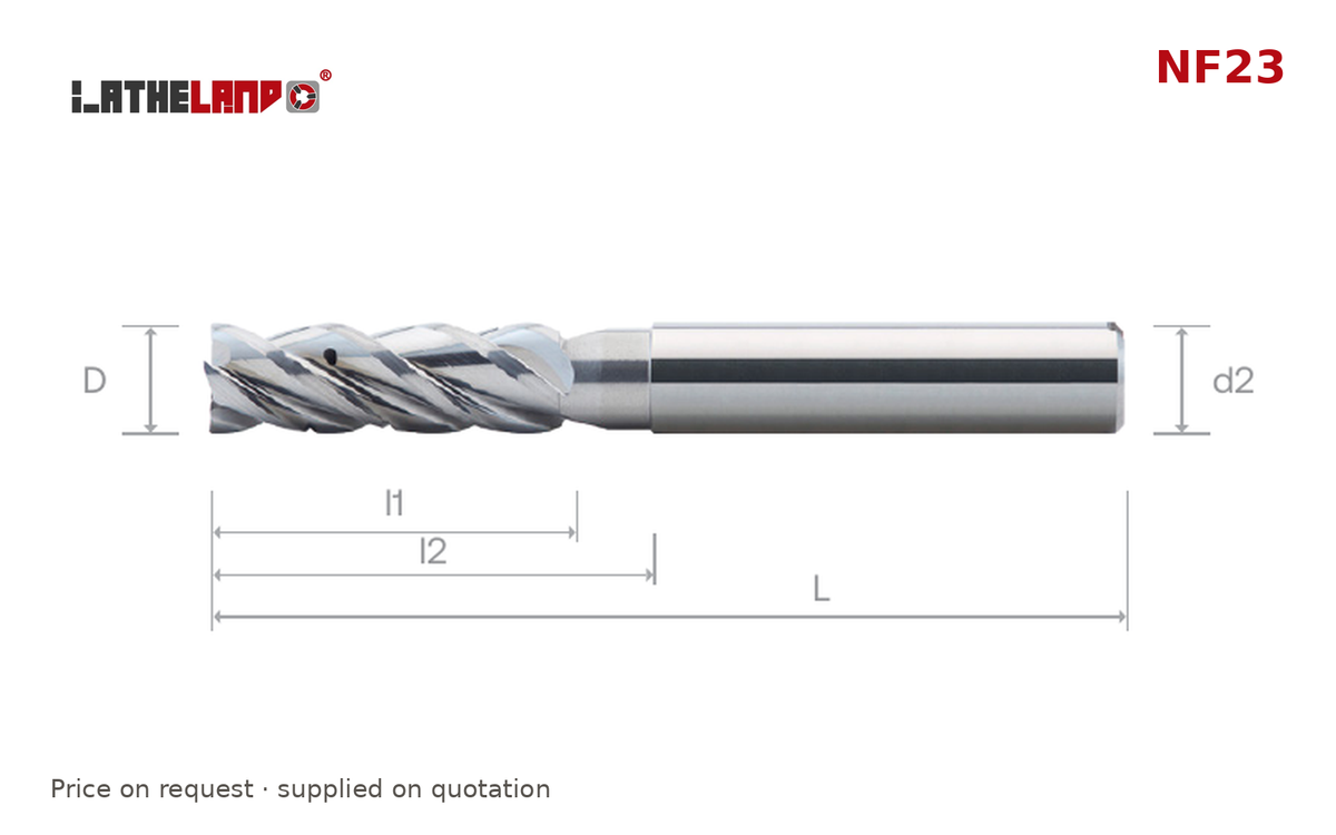 LATHELAND® High-Performance Aluminium Long End Mill, coolant-through, 4 Flutes – NF23 – dimension drawing