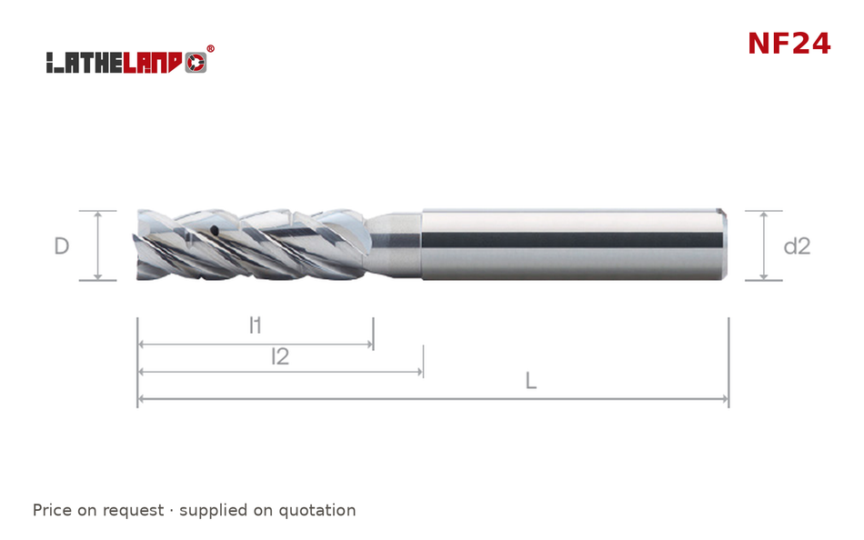 LATHELAND® High-Performance Aluminium Long End Mill, chip breaker, coolant-through, 4 Flutes – NF24 – dimension drawing
