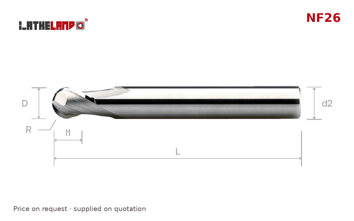 LATHELAND® Aluminium Ball Nose Cutter, 2 Flutes – NF26 – dimension drawing
