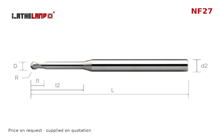 LATHELAND® Miniature Aluminium Ball Nose Cutter with Long Neck, 2 Flutes – NF27 – dimension drawing