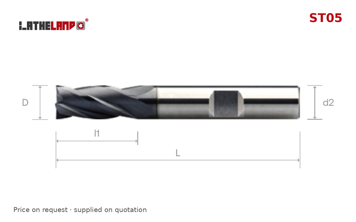 LATHELAND® End Mill for Stainless, Titanium & Superalloys, Weldon shank, 4 Flutes – ST05 – dimension drawing