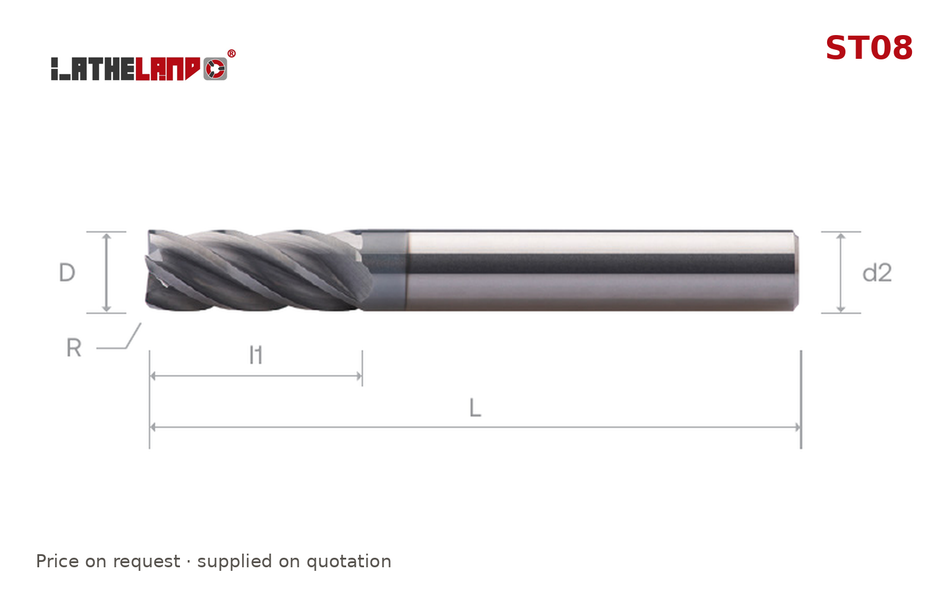 LATHELAND® Variable-Helix Torus End Mill for Stainless, Titanium & Superalloys, 5 Flutes – ST08 – dimension drawing