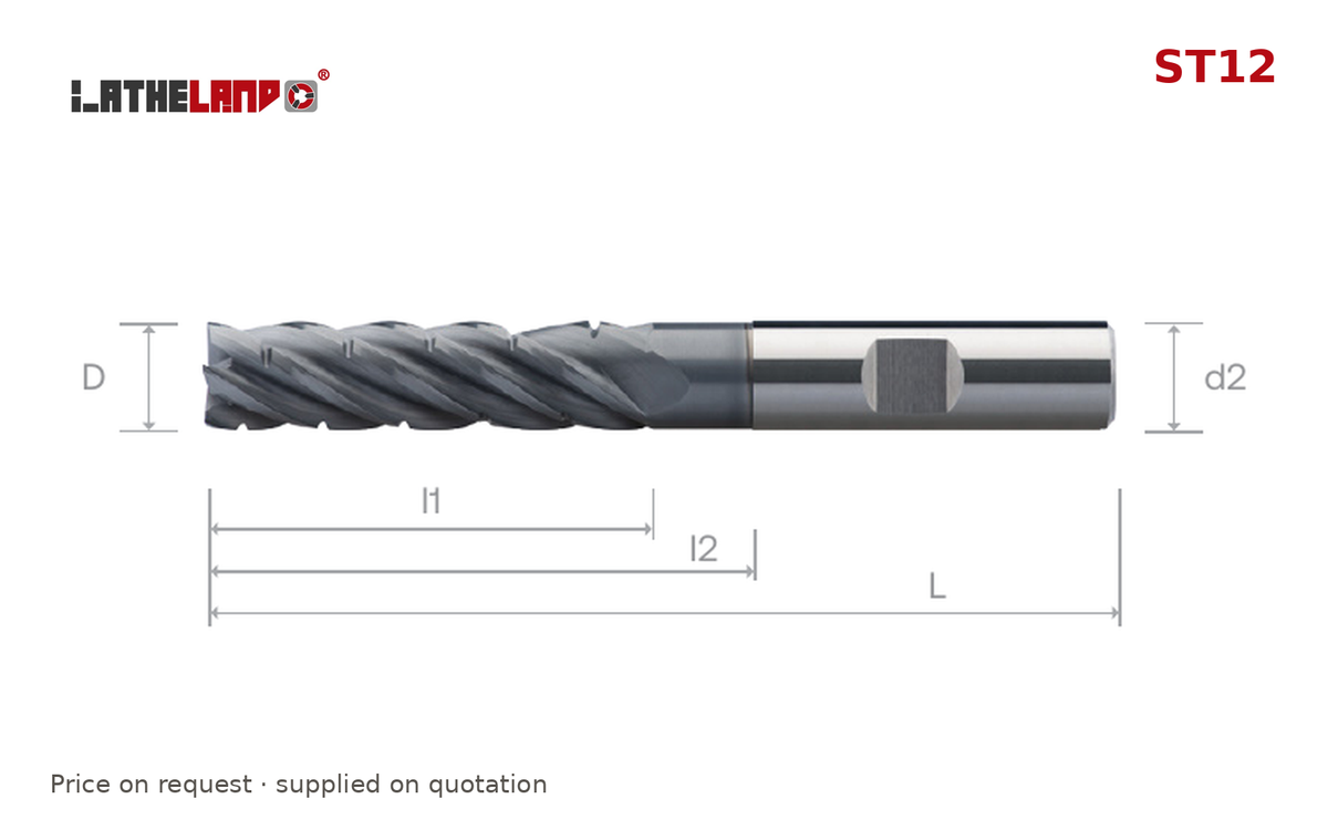 LATHELAND® Variable-Helix Long End Mill for Stainless, Titanium & Superalloys, chip breaker, coolant-through, 5 Flutes – ST12 – dimension drawing