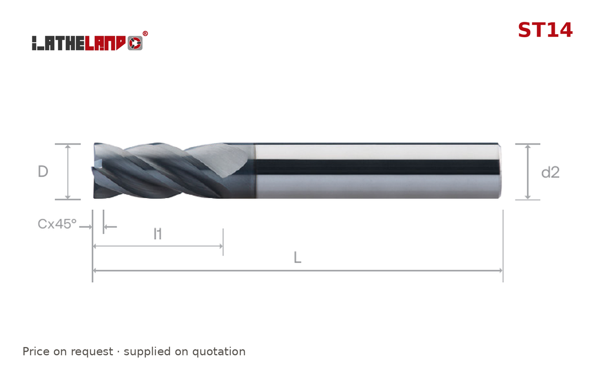 LATHELAND® Variable-Helix End Mill for Stainless, Titanium & Superalloys, 4 Flutes, AlCrN, Ø4–20 mm – ST14 – dimension drawing