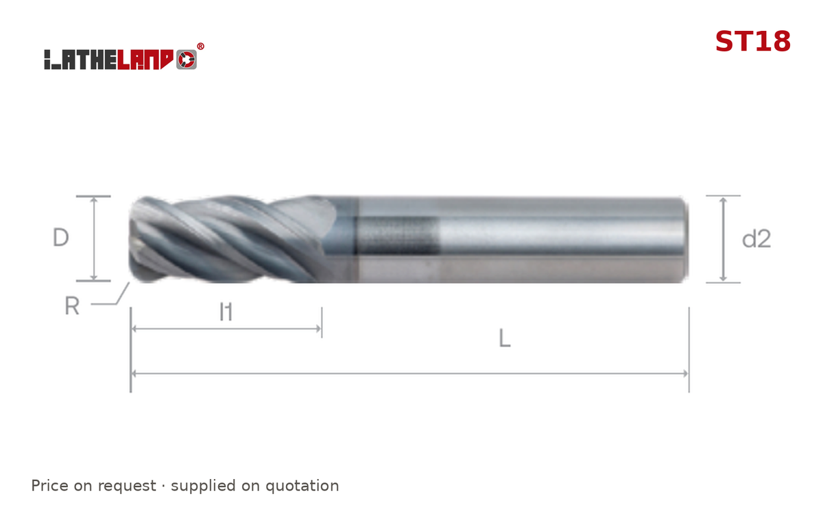 LATHELAND® Variable-Helix Torus End Mill for Stainless, Titanium & Superalloys, with neck recess, 4 Flutes – ST18 – dimension drawing