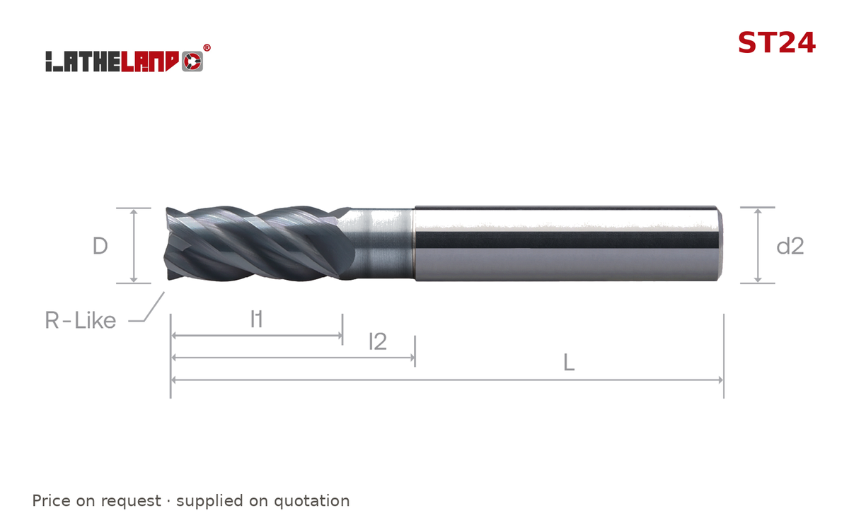 LATHELAND® Variable-Helix Torus End Mill for Stainless, Titanium & Superalloys, 4 Flutes, AlCrN, Ø1–20 mm – ST24 – dimension drawing