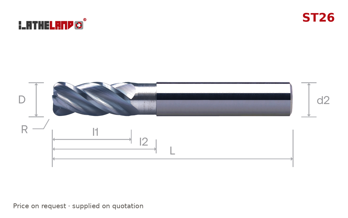 LATHELAND® Variable-Helix Torus End Mill for Stainless, Titanium & Superalloys, 4 Flutes, 40° helix, AlCrN, Ø1–20 mm – ST26 – dimension drawing