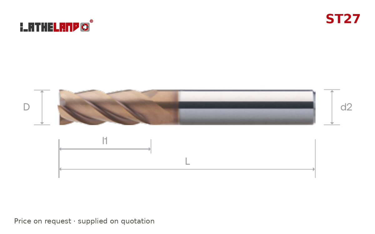 LATHELAND® Variable-Helix End Mill for Stainless, Titanium & Superalloys, 4 Flutes, TiSiN multilayer, Ø3–20 mm – ST27 – dimension drawing