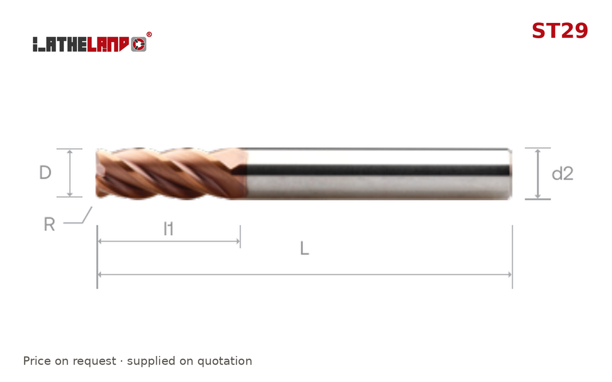 LATHELAND® Variable-Helix Torus End Mill for Stainless, Titanium & Superalloys, Weldon shank, 4 Flutes, TiSiN multilayer – ST29 – dimension drawing