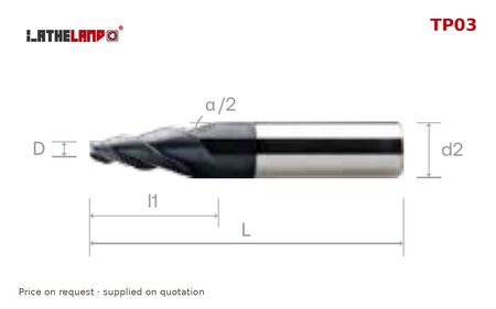 LATHELAND® Tapered Die-Sinking End Mill, 1.5° per side, 3/4 Flutes – TP03 – dimension drawing