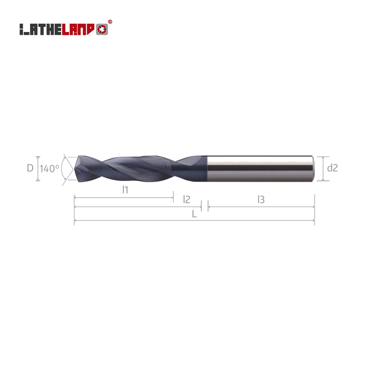 LATHELAND® 3×D drill – dimension drawing (D, 140°, l1, l2, l3, L, d2)