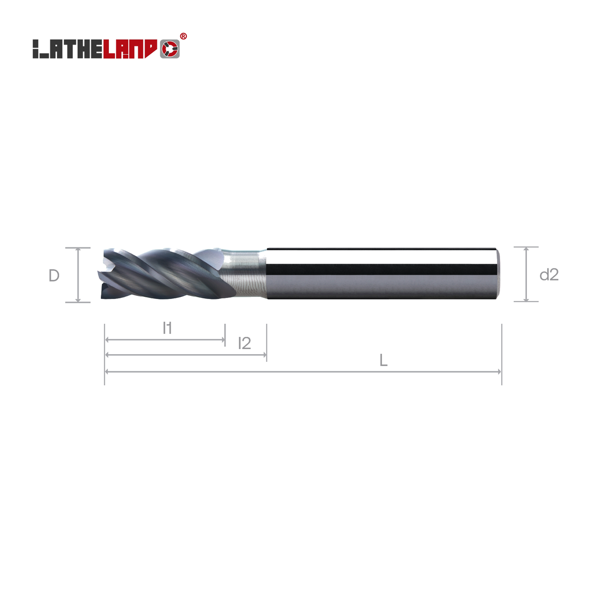 LATHELAND® square end mill with recess – dimension drawing (D, l1, l2, L, d2)