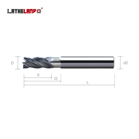 LATHELAND® square end mill with recess – dimension drawing (D, l1, l2, L, d2)