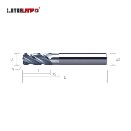 LATHELAND® torus end mill with recess – dimension drawing (D, R, l1, l2, L, d2)