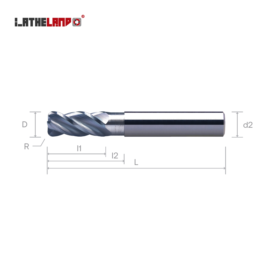 LATHELAND® torus end mill with recess – dimension drawing (D, R, l1, l2, L, d2)